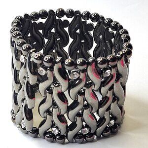 Hematite Hued Stretch Wide Bracelet Oversize Bling Stretch Stainless Bracelet